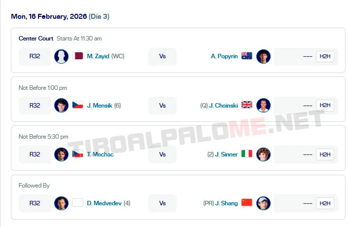 atp doha lunes16 febrero partidos 2026 tiroalpalo